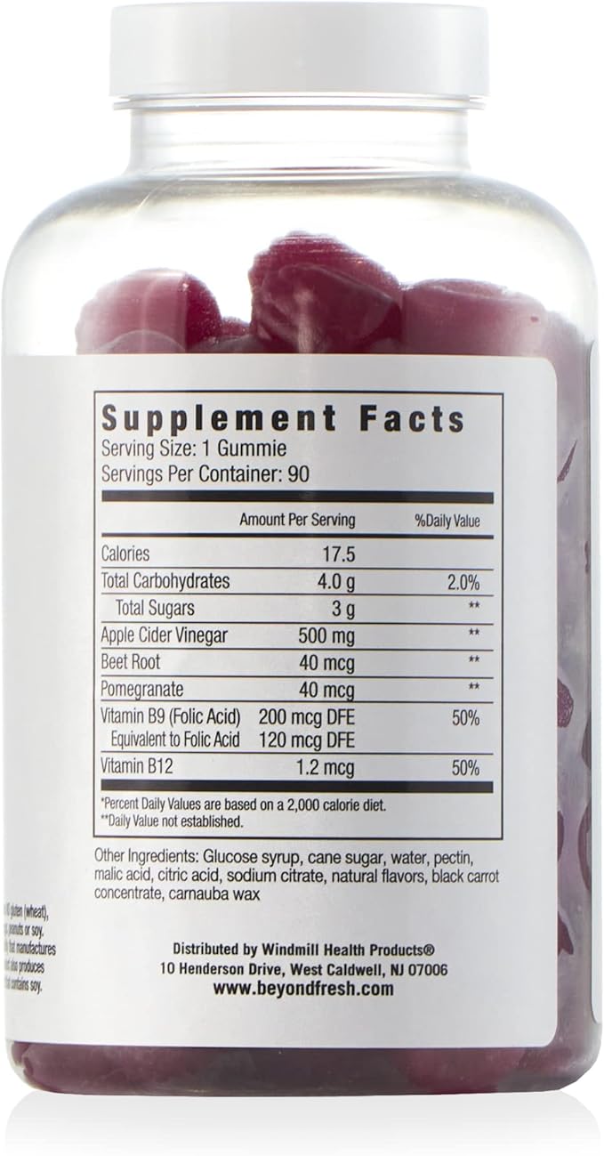 Beyond Fresh Apple Cider Vinegar Gummies, Supports Digestion, Maintain Water Balance, Debloat, Rich in Energy Boosting Vitamin B12 and B9 (Folic Acid), Vegan, Dairy Free, Gluten Free, 90 Count, Multi