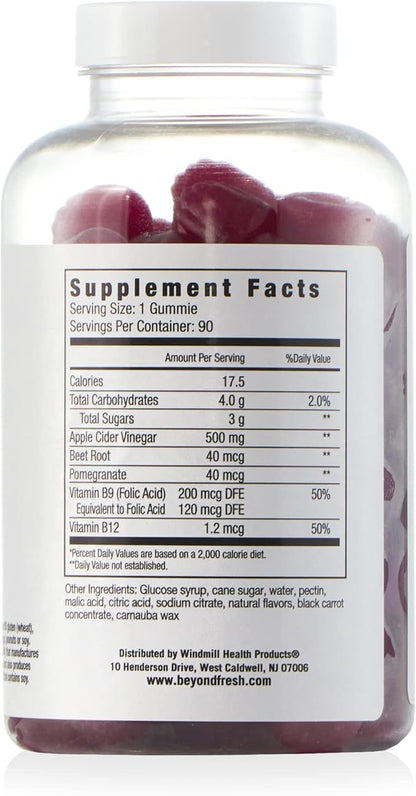 Beyond Fresh Apple Cider Vinegar Gummies, Supports Digestion, Maintain Water Balance, Debloat, Rich in Energy Boosting Vitamin B12 and B9 (Folic Acid), Vegan, Dairy Free, Gluten Free, 90 Count, Multi