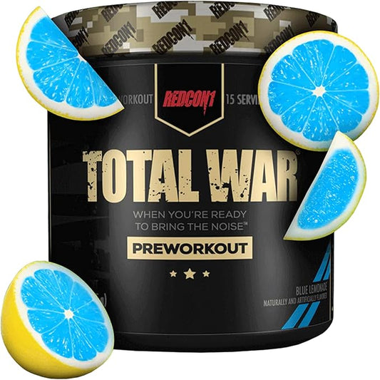 REDCON1 Total War Pre Workout Powder - Endurance, Alertness, Pump Boosting Citrulline Malate & Beta Alanine - Fast Acting, Caffeinated Preworkout for Men & Women (Blue Lemonade, 15 Servings)