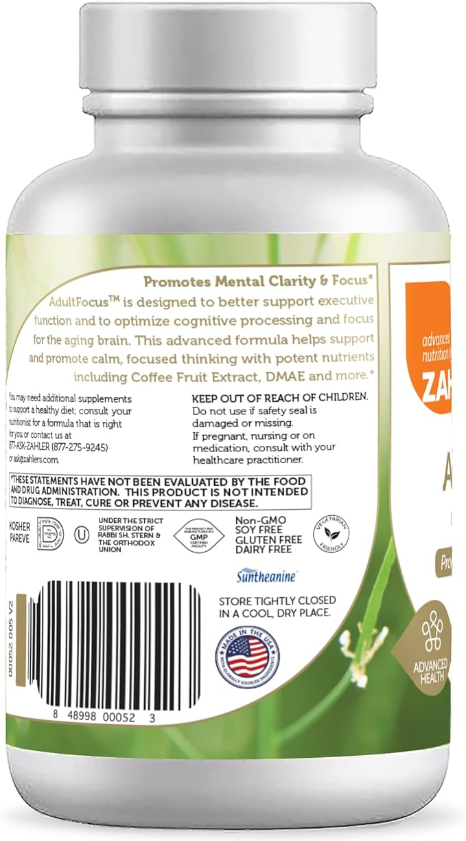 Zahler AdultFocus, Advanced Formula to Support Focus and Concentration, Certified Kosher, 60 Capsules