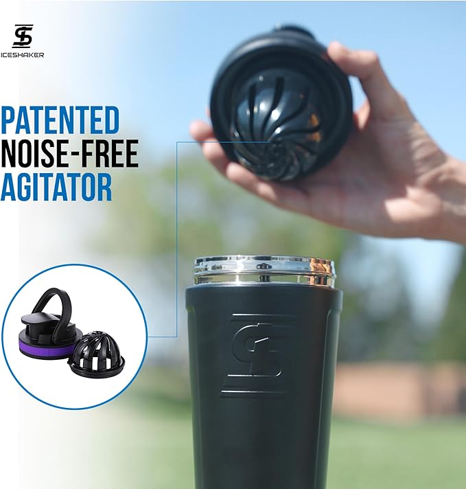 Ice Shaker Insulated Stainless Steel Shaker Bottle | 26oz, Purple | Cold for 30+ Hours | Insulated Cup with Twist-on Agitator | Odor-Free Shaker Cup for Protein Shakes, Water, Smoothies, Cocktails