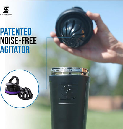 Ice Shaker Insulated Stainless Steel Shaker Bottle | 26oz, Purple | Cold for 30+ Hours | Insulated Cup with Twist-on Agitator | Odor-Free Shaker Cup for Protein Shakes, Water, Smoothies, Cocktails