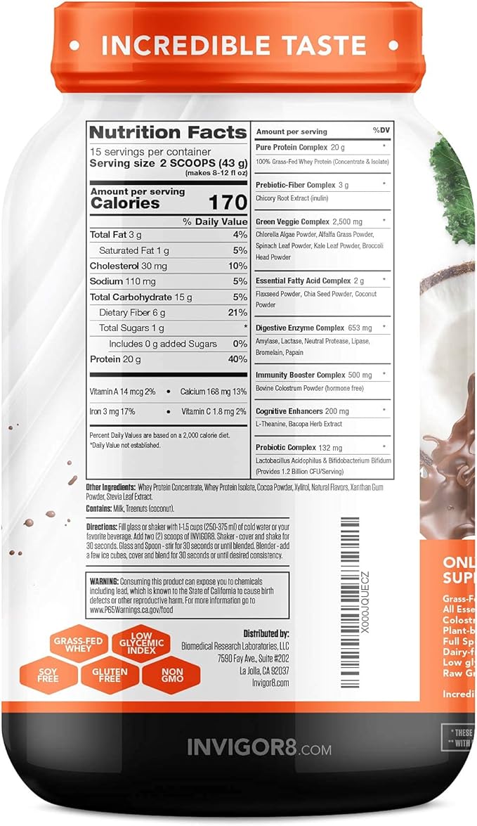 INVIGOR8 Superfood Grass Fed Whey Protein Isolate Shake Chocolate Brownie Gluten-Free and Non GMO Meal Replacement with Probiotics and Omega 3 (645g)
