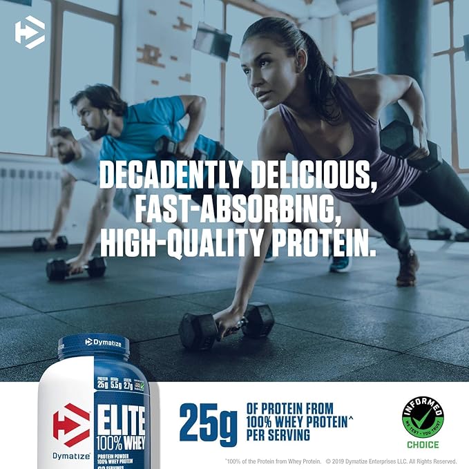 Dymatize Elite 100% Whey Protein Powder, 25g Protein, 5.5g BCAAs & 2.7 L-Leucine, Quick Absorbing & Fast Digesting for Optimal Muscle Recovery, Rich Chocolate, 5 Pound, 63 Servings