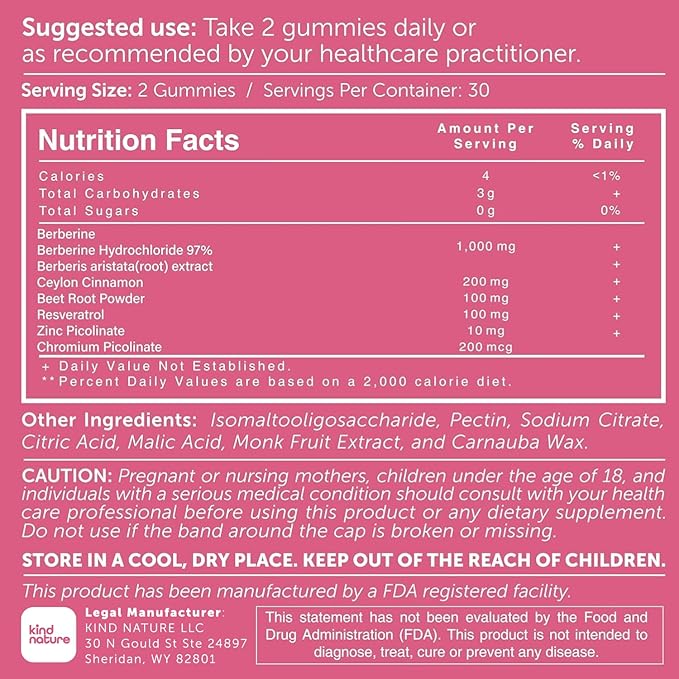 Kind Nature 1000mg Berberine Gummies - Sugar Free Natural Berberine Supplement Gummies with Ceylon Cinnamon & Beet Root - Non GMO, 3rd Party Tested Berberine Complex