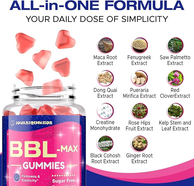 Booty Gummies for Butt Growth and HIPS - BBL Gummies for Bigger Butt - Bum Gummies with Multivitamins and Herbal Extracts for Natural Curves - Peach Flavor - 120 Gummies