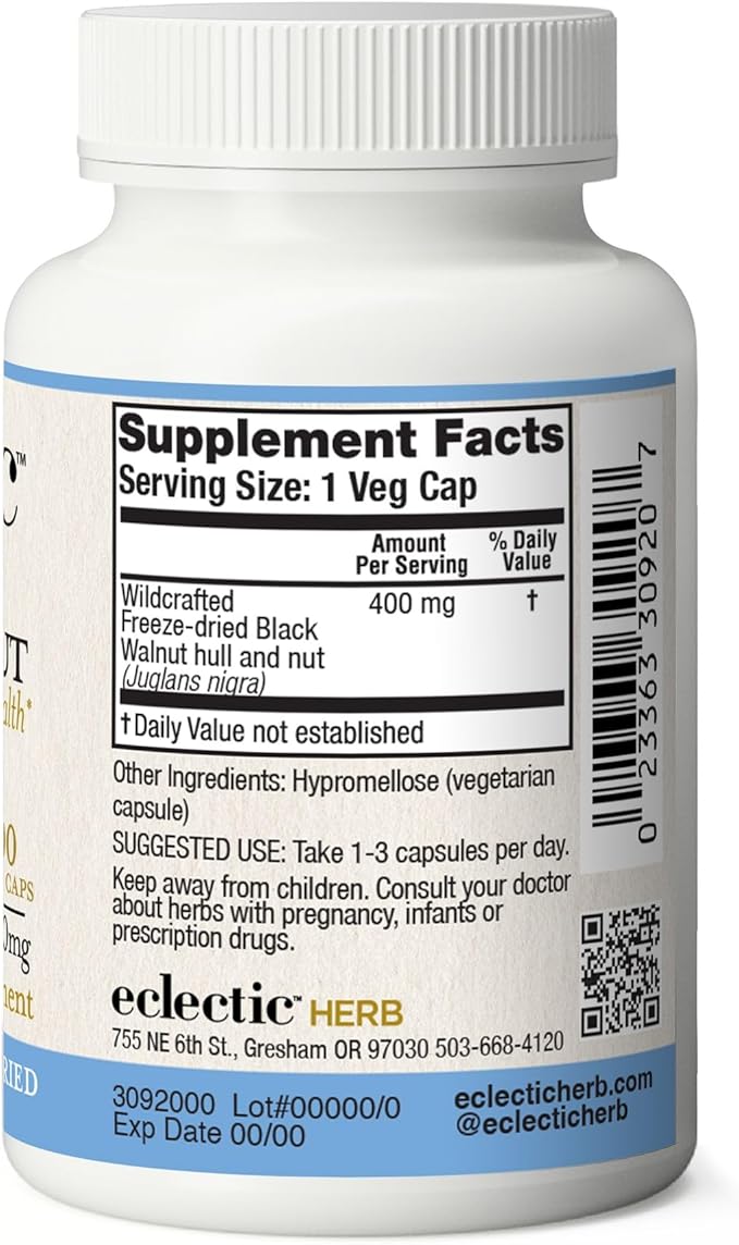 Eclectic Institute Raw Fresh Freeze-Dried Non-GMO Black Walnut | Intestinal Support, Detox & Cleanse | 90 CT (400 mg)