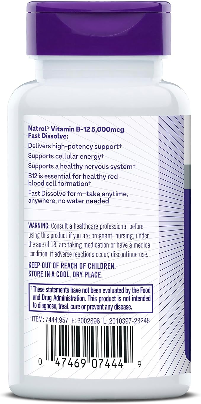 Natrol Vitamin B12 5,000 mcg, Fast Dissolve Vitamin B12 Supplement Supports a Healthy Nervous System and Energy Metabolism, 200 Tablets, Up to a 200 Day Supply