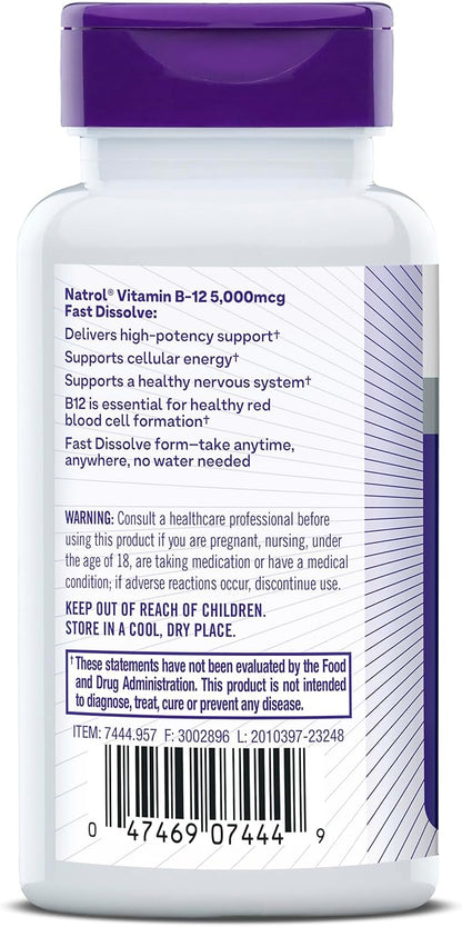 Natrol Vitamin B12 5,000 mcg, Fast Dissolve Vitamin B12 Supplement Supports a Healthy Nervous System and Energy Metabolism, 200 Tablets, Up to a 200 Day Supply