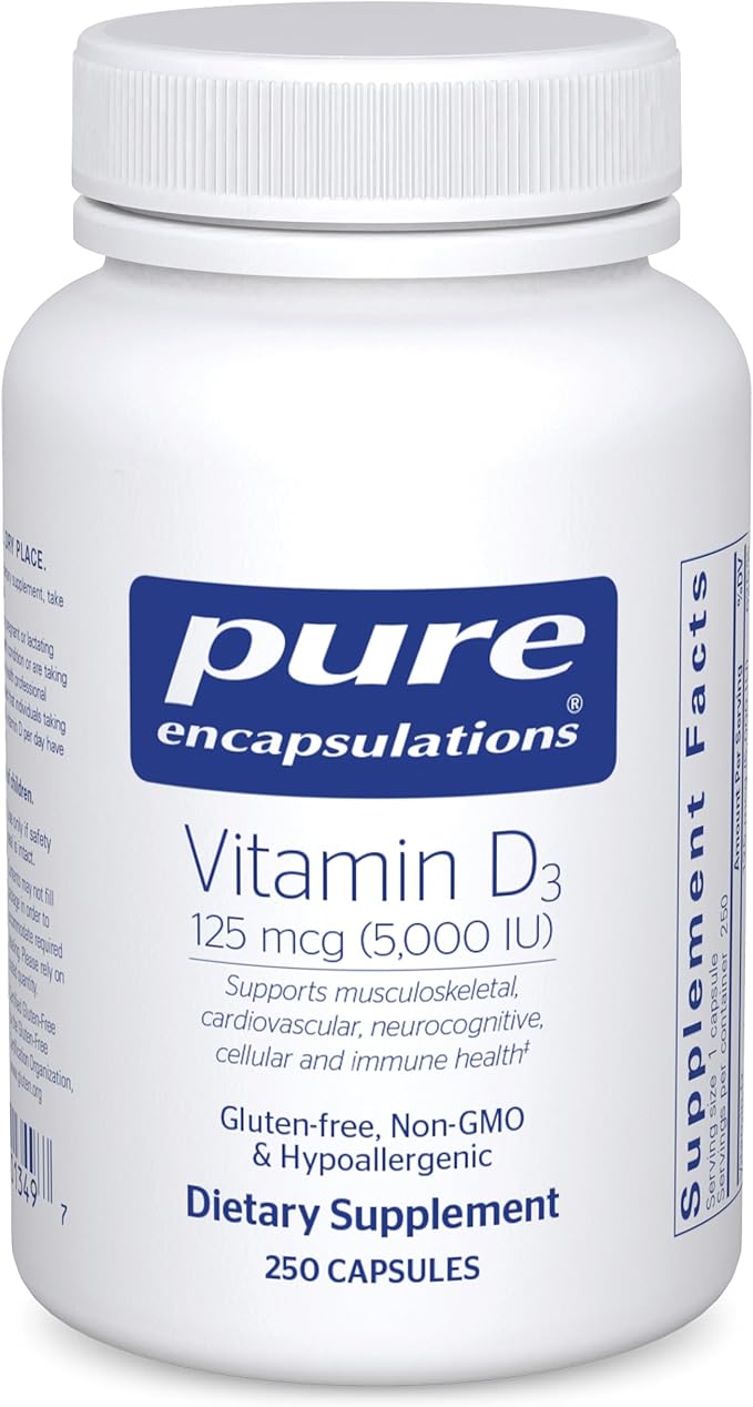 Pure Encapsulations Vitamin D3 125 mcg (5,000 IU) - Supplement to Support Bone, Joint, Breast, Heart, Colon, and Immune Health* - with Vitamin D - 250 Capsules