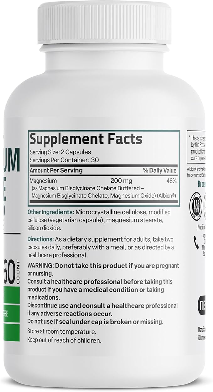 Bronson Magnesium Glycinate 200 MG per Serving Chelated for High Absorption, Gentle On Stomach, Non-GMO, 60 Vegetarian Capsules
