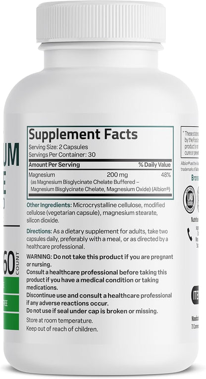Bronson Magnesium Glycinate 200 MG per Serving Chelated for High Absorption, Gentle On Stomach, Non-GMO, 60 Vegetarian Capsules