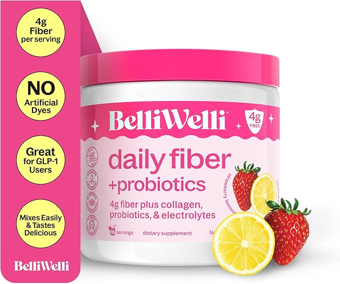 Daily Fiber Supplement Powder with Collagen, Probiotics & Electrolytes | Supports Digestive Health, Gut Balance & Debloating | Strawberry Lemonade | 16 Servings