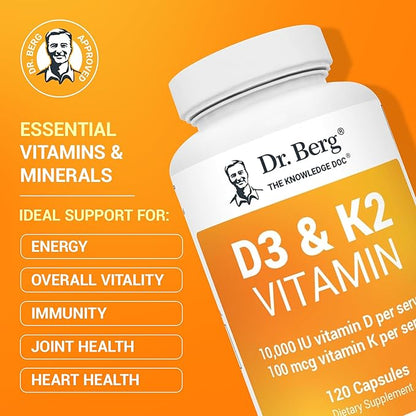 Dr. Berg Vitamin D3 K2 w/MCT Powder - Includes 10,000 IU of Vitamin D3, 100 mcg MK7 Vitamin K2, Purified Bile Salts, Zinc & Magnesium for Ultimate Absorption - K2 D3 Vitamin Supplement - 120 Capsule