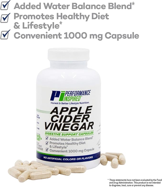 Performance Inspired Nutrition Apple Cider Vinegar Natural Capsules Supports Healthy Weight Loss - Blood Sugar & Immune System - Water Balance - Big- 180 Count