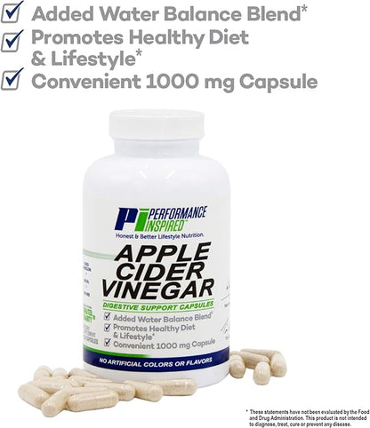 Performance Inspired Nutrition Apple Cider Vinegar Natural Capsules Supports Healthy Weight Loss - Blood Sugar & Immune System - Water Balance - Big- 180 Count