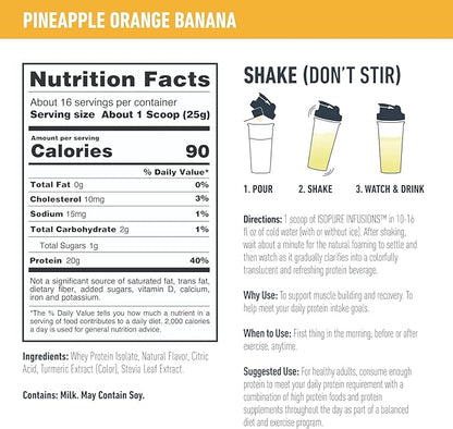 Isopure Protein Powder, Gluten Free, Whey Protein Isolate, Post Workout Recovery Drink Mix, Prime, Infusions- Pineapple Orange Banana, 16 Servings