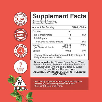 Vitamin D3 Gummies for Daily Wellness - Delicious Vitamin D Gummies for Adults with Vitamin D3 2000IU per Serving for Bone Muscle & Immune Support - Non-GMO Gelatin & Gluten Free (30 Day Supply)
