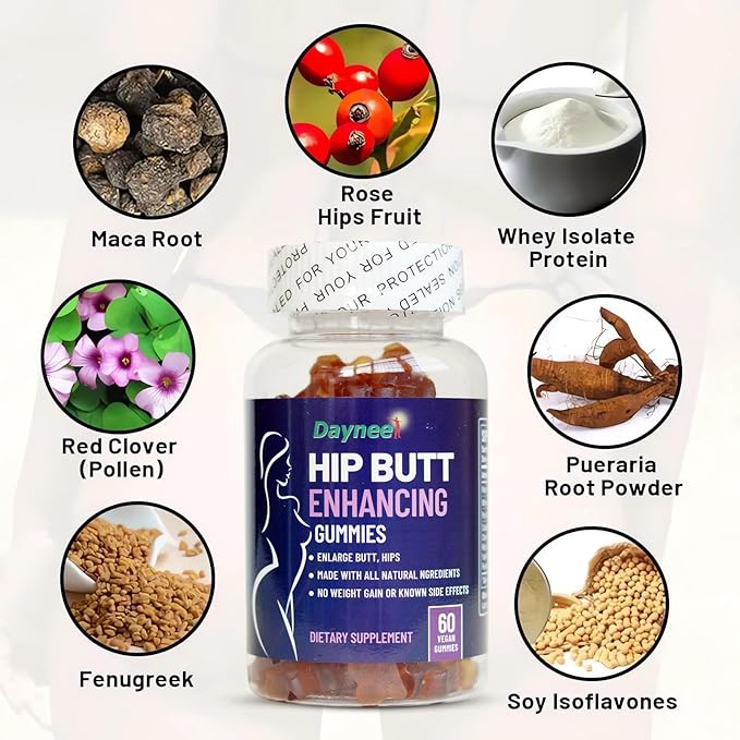 Hip Butt Enhancement Gummies, Booty Gummies for Bigger Butt, Bum Support Gummies for Women, Multivitamins, 60 Count