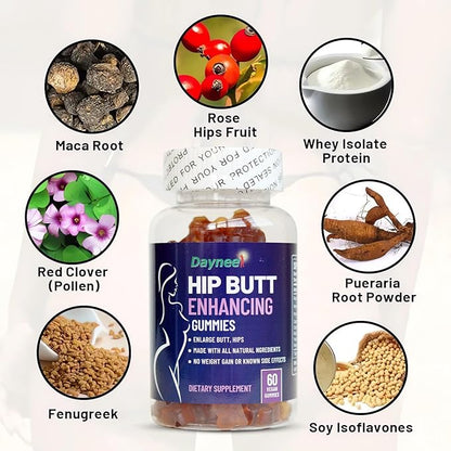 Hip Butt Enhancement Gummies, Booty Gummies for Bigger Butt, Bum Support Gummies for Women, Multivitamins, 60 Count