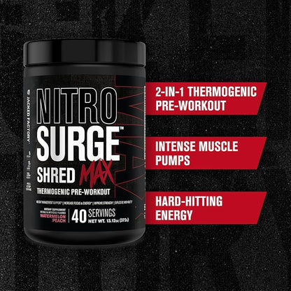 Nitrosurge Shred Max Preworkout - High-Performance Thermogenic Pre Workout Powder for Men and Women with L Citrulline, Acetyl L Carnitine, Organic Caffeine - 40 Servings, Watermelon Peach