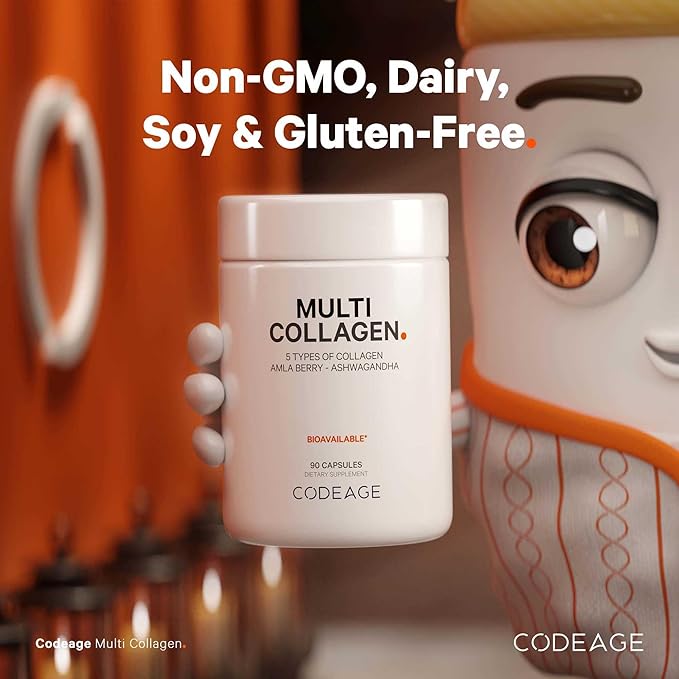 Codeage Multi Collagen Peptides Protein Capsules, 5 Collagen Types, Grass-Fed & Hydrolyzed Bovine Collagen Pills Supplement, Ashwagandha, Amla Berry Vitamins, Collagen Peptides - 90 Capsules