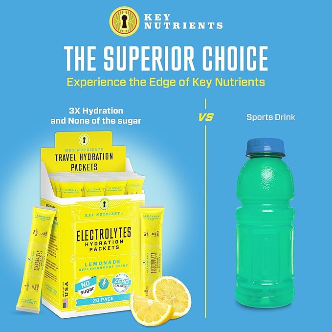 KEY NUTRIENTS Electrolytes Powder Packets - Refreshing Lemonade 20 Pack Hydration Packets - Travel Hydration Powder - Made in USA - No Sugar, No Calories, Gluten Free