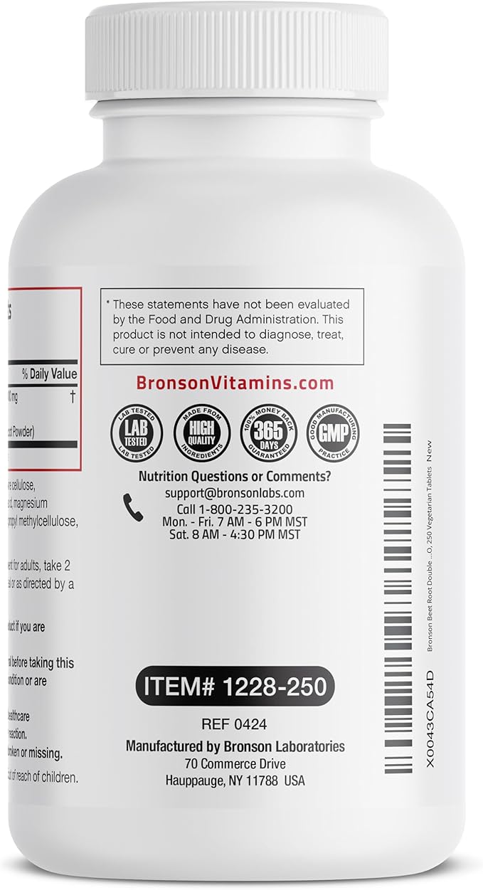 Bronson Beet Root Double Strength 4000mg Equivalent (from 1000 mg of 4:1 Extract), Non-GMO, 250 Vegetarian Tablets