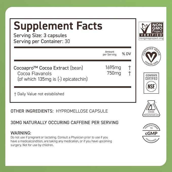 CocoaVia Memory+ Brain Supplement, 60 Day, 750 mg Cocoa Flavanols, Memory & Brain Booster, Vegan, Plant Based,180 Capsules