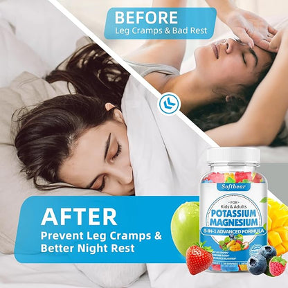 softbear Sugar Free Potassium Magnesium Gummies for Adults Kids, High Absorption Potassium Supplement Gummies Supports Leg Cramps & Muscle & Immune Health, Delicious Mixed Fruit Flavor 120 Count