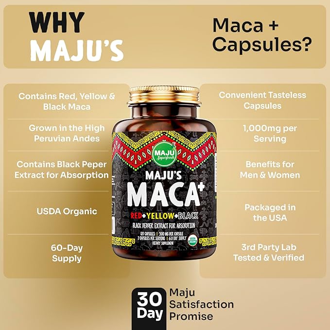Maju Superfoods 4-in-1 Maca Root Capsules, Organic Black, Yellow & Red Roots w Black Pepper Extract for Absorption (120 ct) | Peru Product, Peruvian Powder, Men & Women Supplement, 60,000 mg