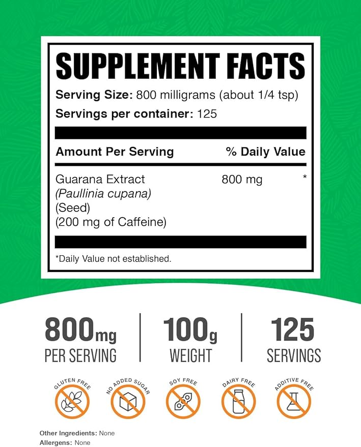 BulkSupplements.com Guarana Extract Powder - Natural Caffeine Supplement, from Guarana Seed, Guarana Powder - Gluten Free, 800mg per Serving, 100g (3.5 oz) (Pack of 1)