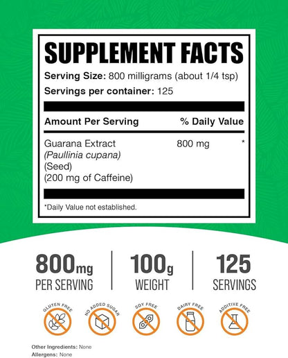 BulkSupplements.com Guarana Extract Powder - Natural Caffeine Supplement, from Guarana Seed, Guarana Powder - Gluten Free, 800mg per Serving, 100g (3.5 oz) (Pack of 1)