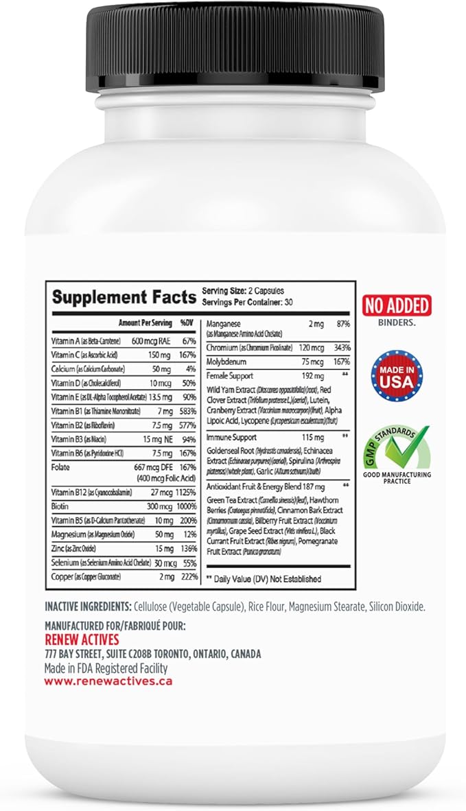 Renew Actives Women's Multi-Vitamin & Antioxidant: Daily Health Supplement - 22 Vitamins & Minerals for Energy and Mental Alertness - 60 Capsules