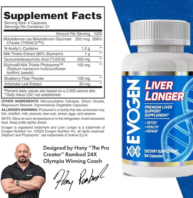 Evogen Liver Longer - Premium Liver Support Supplement | Detox, Health, & Repair | N-Acetyl L-Cysteine, Milk Thistle, TUDCA | 84 Capsules