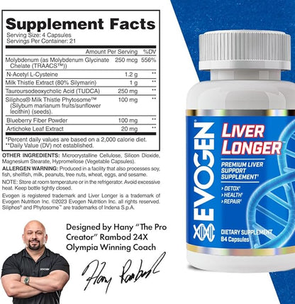 Evogen Liver Longer - Premium Liver Support Supplement | Detox, Health, & Repair | N-Acetyl L-Cysteine, Milk Thistle, TUDCA | 84 Capsules