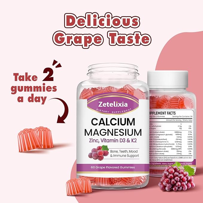 Calcium Gummies for Women Men, Calcium Magnesium Zinc with Vitamin D3 & K2, Calcium Magnesium Supplement for Bones Muscles and Joints, Grape Flavor - 120 Count