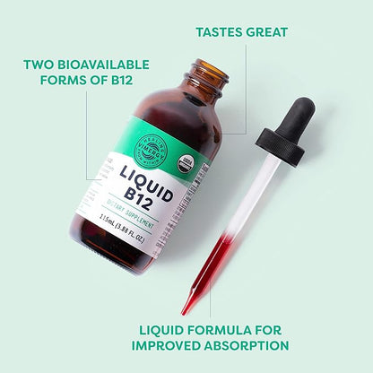 Vimergy Liquid B12 – Fast-Absorbing Brain Support – Energy Support Supplement – USDA Certified Organic, Vegan, Non-GMO – 115 Servings (115 mL)