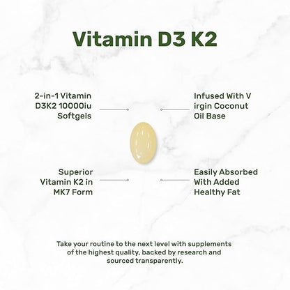 DEAL SUPPLEMENT Vitamin D3 10,000 IU + K2 MK7 200 mcg, Infused with Virgin Coconut Oil, 250 Softgels, Double Strength Vitamin D & K, Promotes Heart, Bone & Teeth Health - Very Easy to Swallow