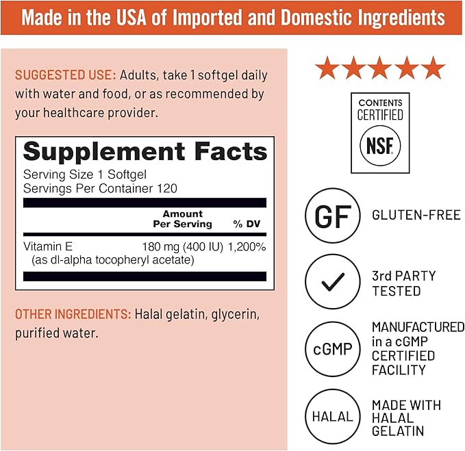 NatureWise Vitamin E 400 IU Softgels (180mg DL-Alpha) - Dairy, Gluten & Soy Free - Antioxidant-Rich Dietary Supplement for Skin, Heart, and Immune Health Support - 4-Month Supply, 120 Count