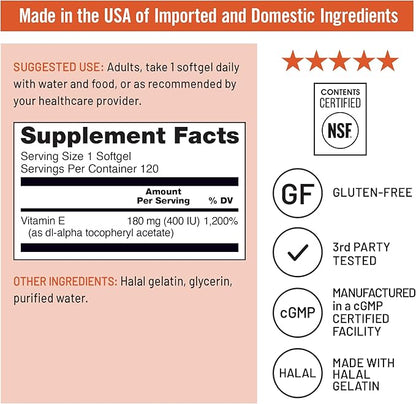 NatureWise Vitamin E 400 IU Softgels (180mg DL-Alpha) - Dairy, Gluten & Soy Free - Antioxidant-Rich Dietary Supplement for Skin, Heart, and Immune Health Support - 4-Month Supply, 120 Count