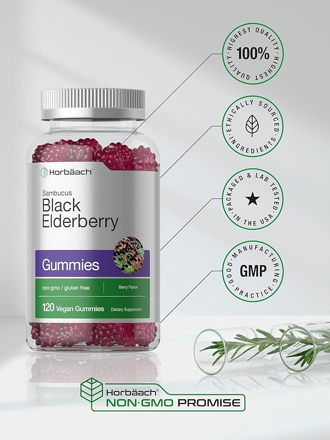 Horbaach Black Elderberry Gummies | 120 Count | Sambucus Extract | with Zinc and Vitamin C | Berry Flavor | Vegan, Non-GMO, and Gluten Free Supplement for Adults