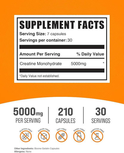 BulkSupplements.com Creatine Monohydrate Capsules - Micronized Creatine Monohydrate, Creatine Pills - 7 Creatine Capsules per Serving, 5000mg, Gluten Free, 210 Capsules (Pack of 1)