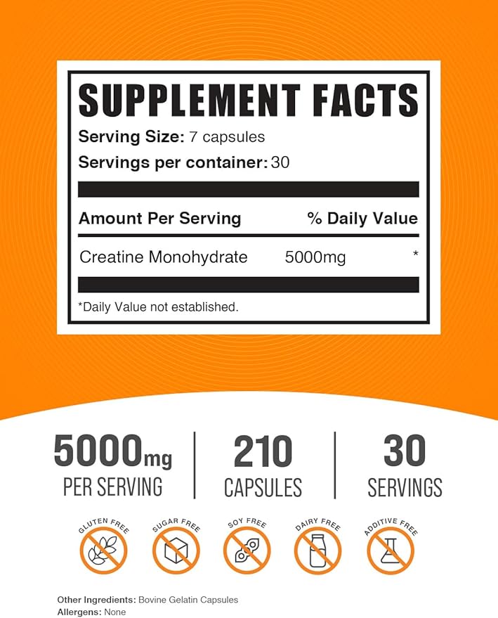 BulkSupplements.com Creatine Monohydrate Capsules - Micronized Creatine Monohydrate, Creatine Pills - 7 Creatine Capsules per Serving, 5000mg, Gluten Free, 210 Capsules (Pack of 1)