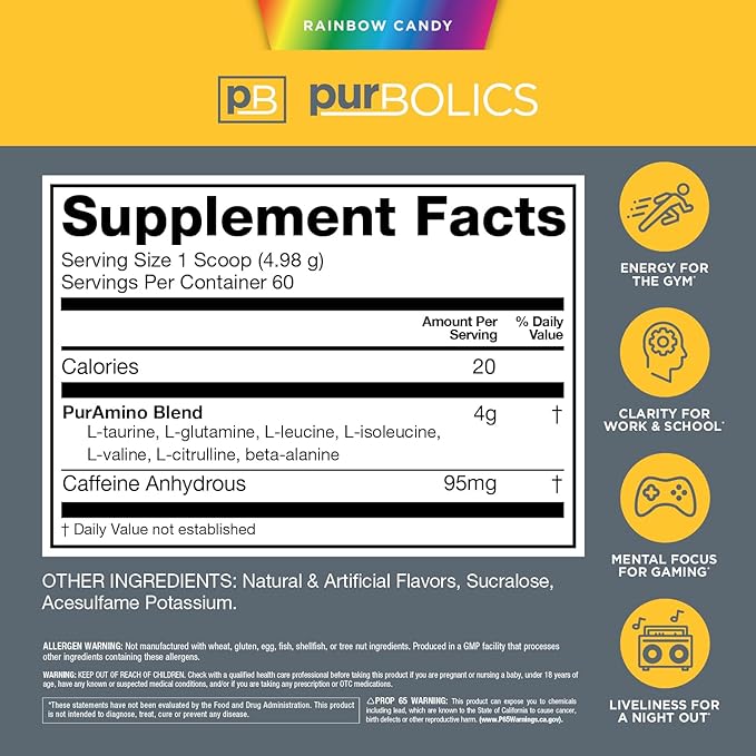 Aminos + Energy | Supports Recovery, Energy & Focus | 95mg of Caffeine, 0 Sugar & 60 Servings (Rainbow Candy)
