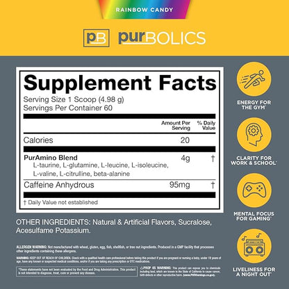 Aminos + Energy | Supports Recovery, Energy & Focus | 95mg of Caffeine, 0 Sugar & 60 Servings (Rainbow Candy)
