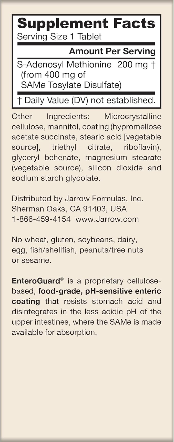 Jarrow Formulas® SAMe 200 mg, Supports Joint Health, Liver Function, Brain Metabolism, 60 Tablets, Up To A 60 Day Supply