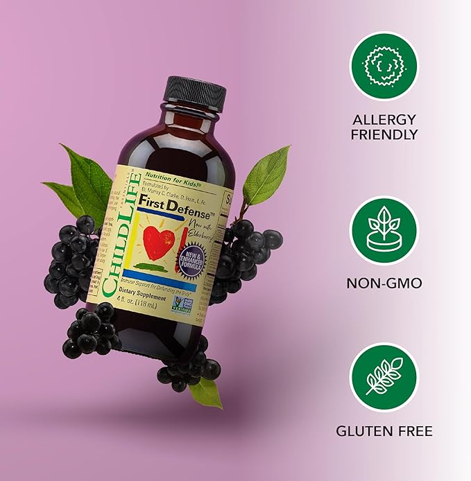 CHILDLIFE ESSENTIALS First Defense - Kids Immune Support, Immune Support for Kids, Toddlers 1-3, Babies 6 Months+, Vitamin Syrup with Elderberry, Zinc, Non GMO, Gluten Free - 4 Fl Oz (Pack of 3)