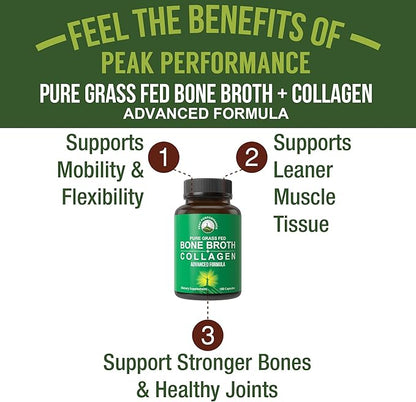 Bone Broth Collagen Capsules. 180 Pills of Grass Fed Bone Broth Collagen Protein Peptides. Contains All 3 Collagen Types 1, 2, and 3. Pure Pasture Raised Paleo Friendly Tablets for Women and Men