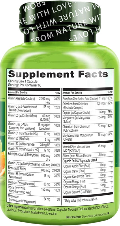 NATURELO Bariatric Multivitamin - One Daily with Iron - Supplement for Post Gastric Bypass Surgery Patients - Natural Whole Food Nutrition - 60 Veggie Capsules